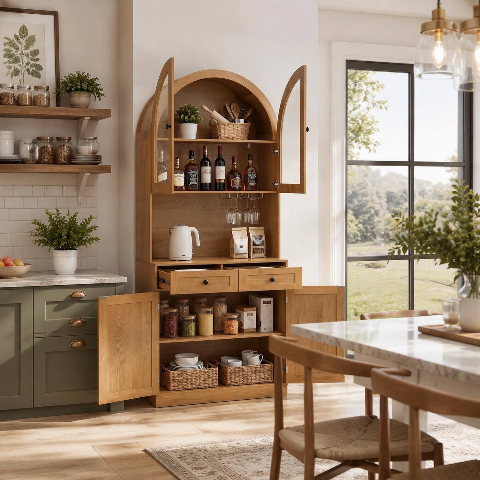 Left. RYHNUYNE - Freestanding 75 Inch Farmhouse Tall Arched Pantry Cabinet with Charging Station and Adjustable Shelves, Oak - Oak.