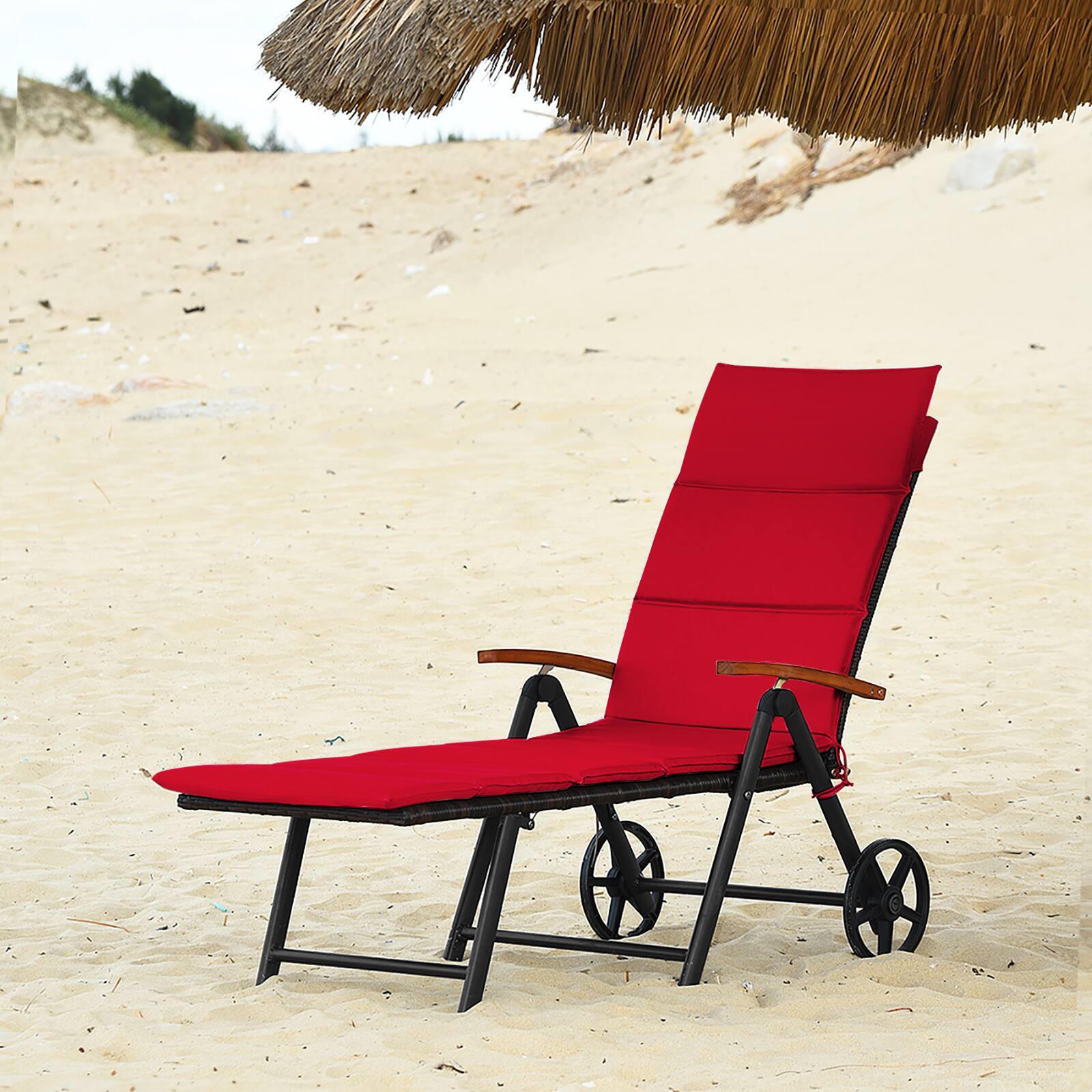 Alt View 3. Gymax - Gymax 2PCS Folding Patio Rattan Lounge Chair Chaise Aluminum W/ Wheel & Red Cushion - Red.