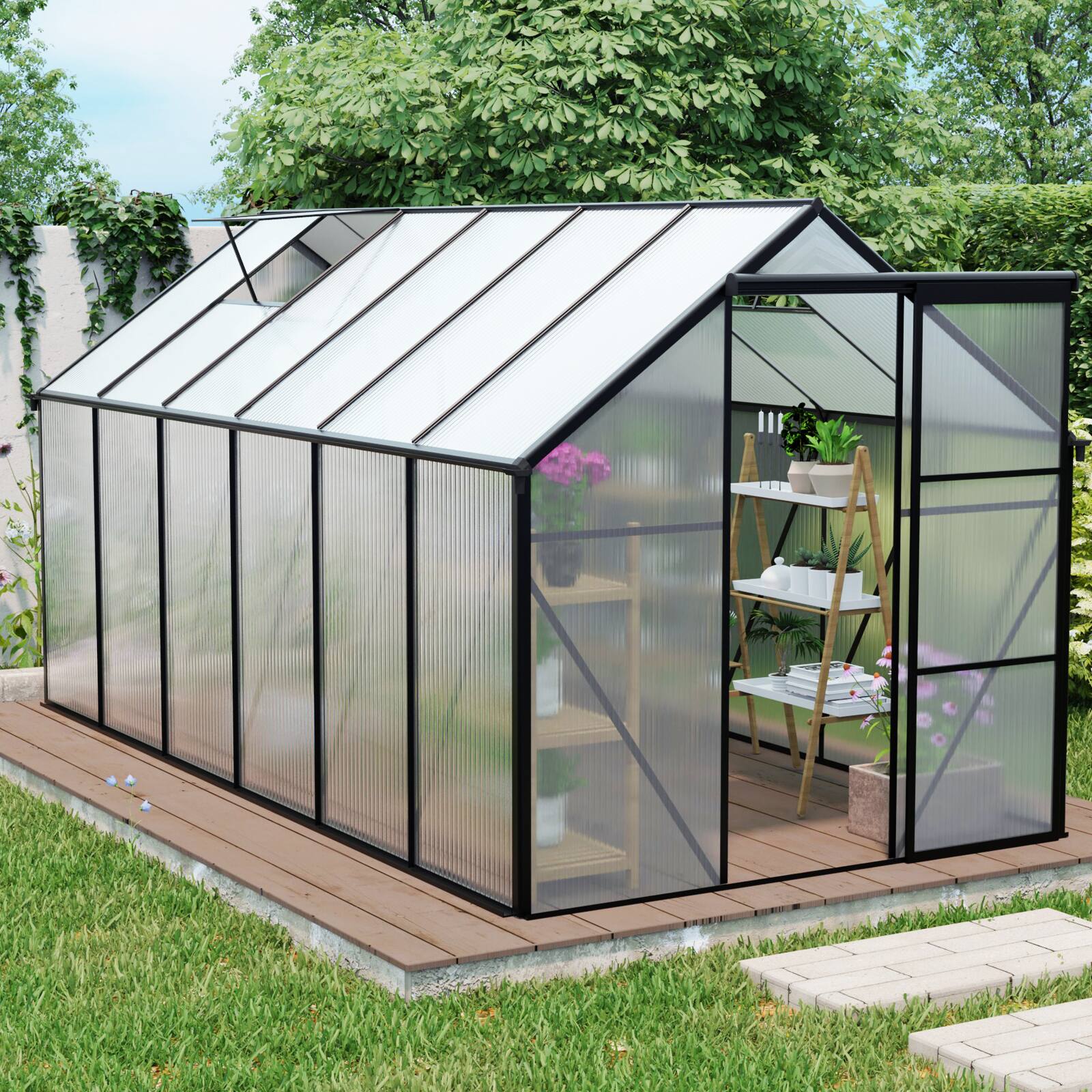 Angle. Mondawe - 6x12 FT Heavy-Duty Walk-In Greenhouse with Polycarbonate Panels and Raised Base - Black.