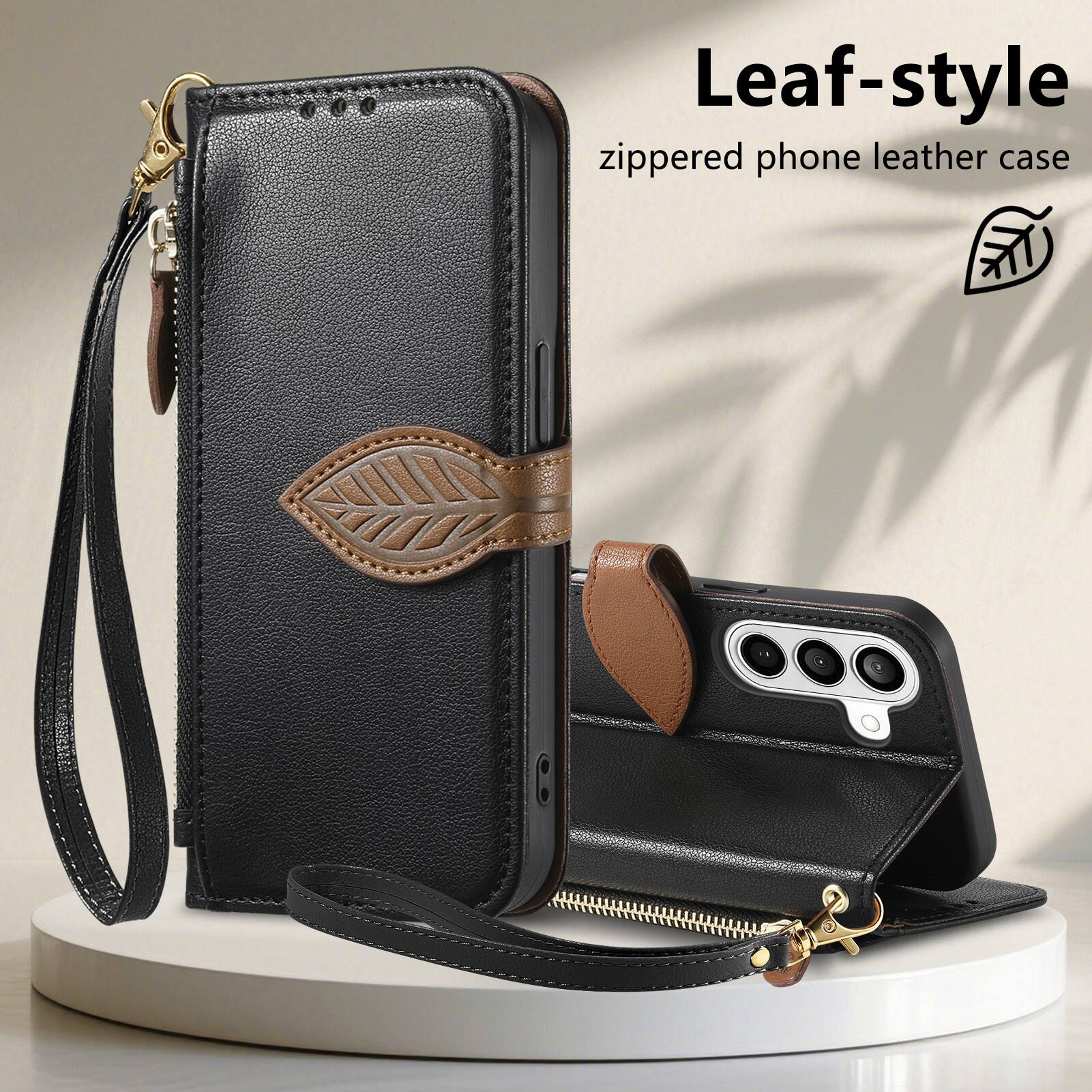 Leaf-style zippered phone leather case