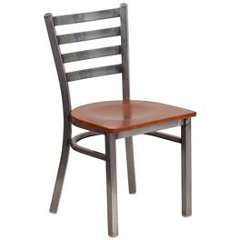 Emma + Oliver - Clear Coated Ladder Back Metal Restaurant Dining Chair - Cherry Wood Seat/Clear Coated Metal Frame