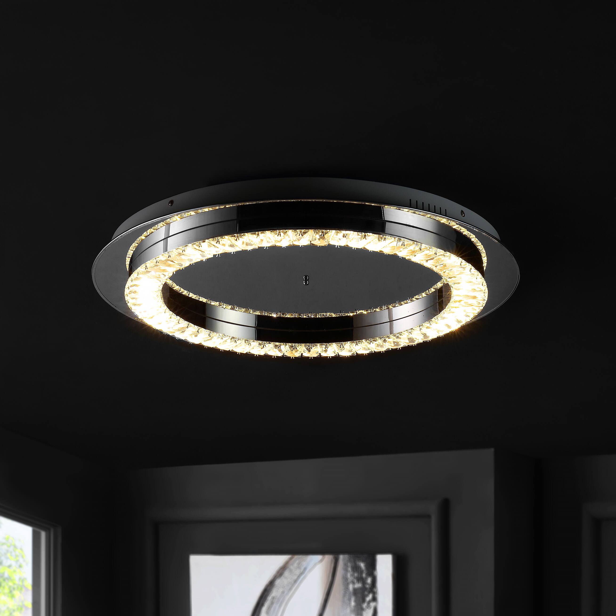 Alt View 1. Jonathan Y - Cristal 24" Integrated Iron/Crystal Glam LED Flush Mount, Chrome/Clear - Chrome.