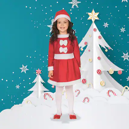 Front. Northlight - 26" Red and White Girls Santa Costume With a Dress and Hat : 6-8 years - White.