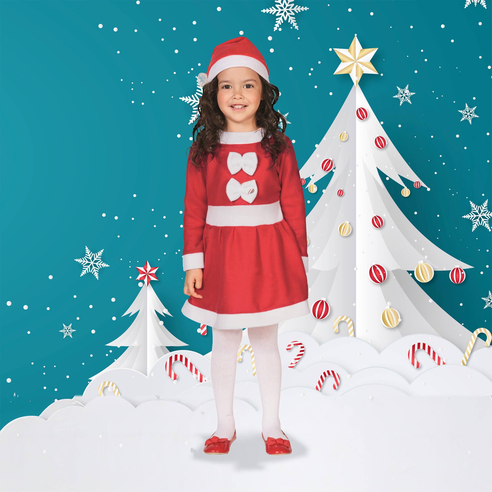 Front. Northlight - 26" Red and White Girls Santa Costume With a Dress and Hat : 6-8 years - White.