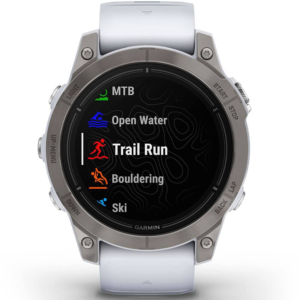 UP - MENU  
LIGHT  
MTB  
Open Water  
Trail Run  
Bouldering  
Ski  
GARMIN  
START .I STOP LAP BACK