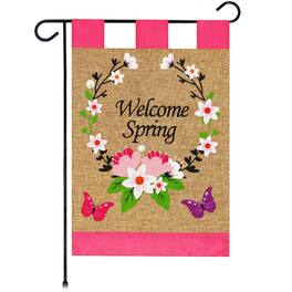 G128 - Spring Garden Flag with Flower Wreath and Butterflies, 12 x 18 in Burlap Fabric - Assorted Colors