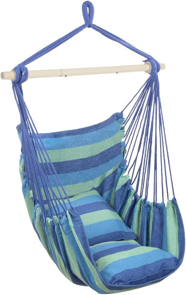 Winado - Hammock Chair Hanging Rope Swing, Macrame Hammock Swing Seat with 2 Cushions, Portable Steel Spreader Bar for In/Outdoor - Blue Stripes