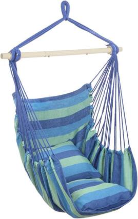 Front. Winado - Hammock Chair Hanging Rope Swing, Macrame Hammock Swing Seat with 2 Cushions, Portable Steel Spreader Bar for In/Outdoor - Blue Stripes.