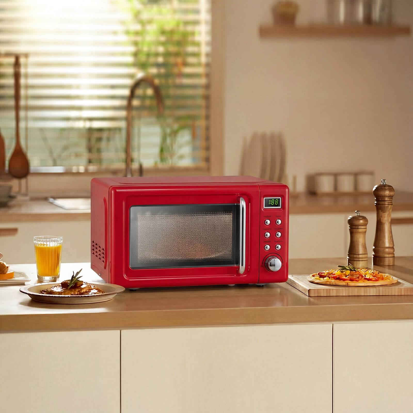 Alt View 3. Costway - Costway 0.7 Cu.ft Retro Countertop Microwave Oven 700W LED Display Glass Turntable - Red.