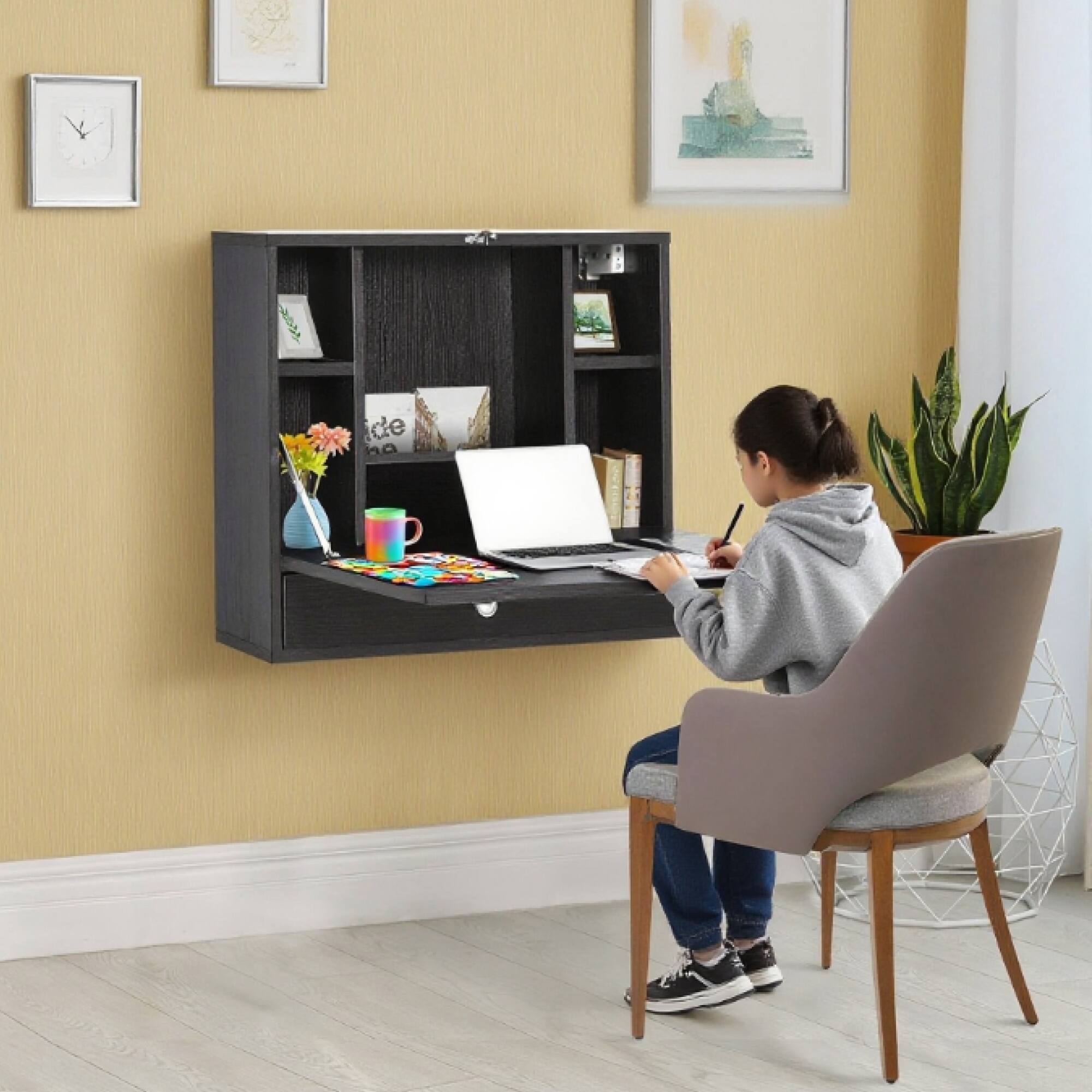 Angle. GOODSILO - Wall Mounted Floating Desk with Storage Shelves and Foldable Design for Home Office Space Saving Solution - Black.