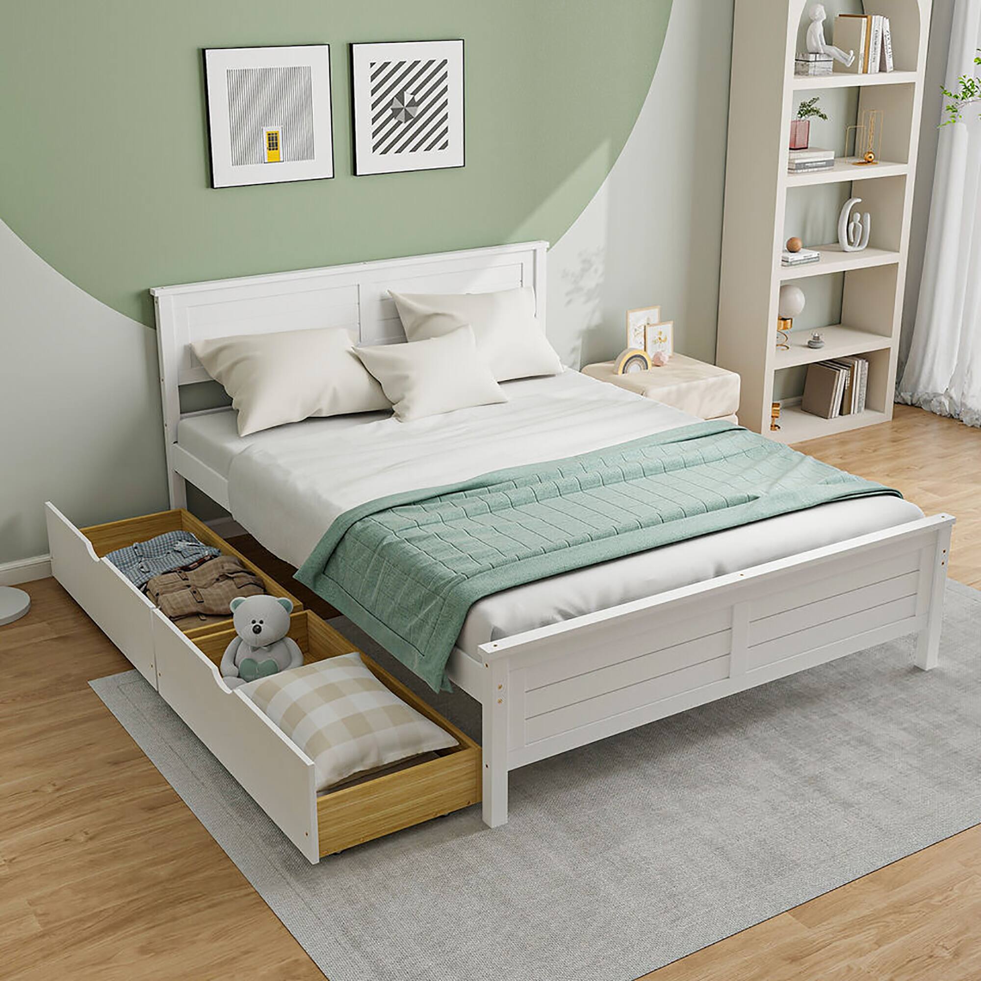 Alt View 4. Gymax - Gymax Full Size Wooden Bed Frame w/ 2 Storage Drawers & Under-bed Storage White - White.