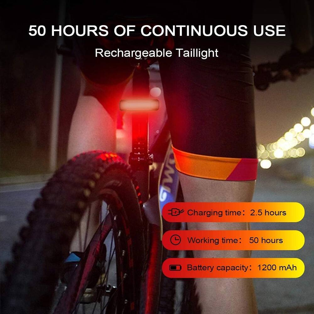 50 HOURS OF CONTINUOUS USE  
Rechargeable Taillight  

- Charging time: 2.5 hours  
- Working time: 50 hours  
- Battery capacity: 1200 mAh