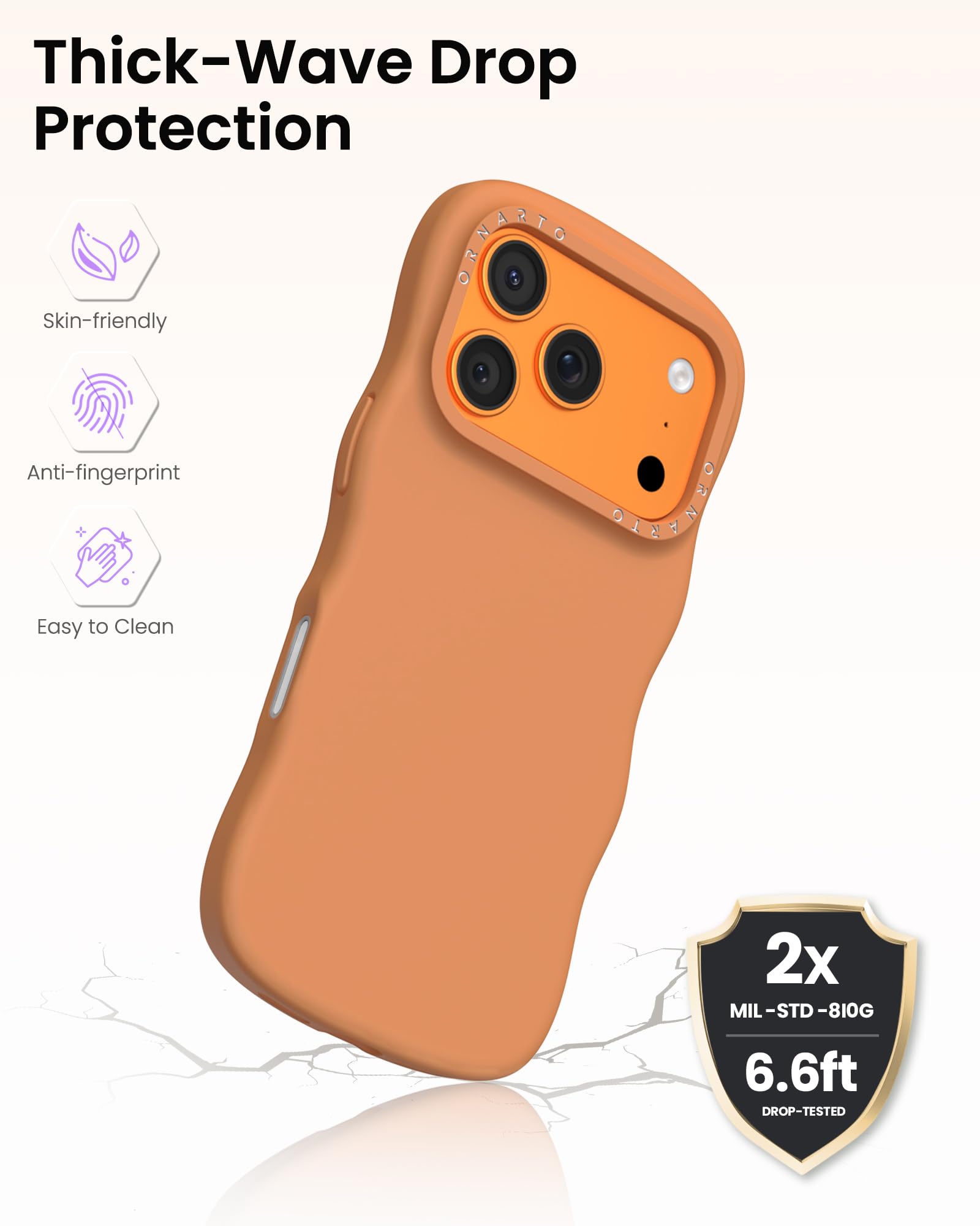 Thick-Wave Drop Protection

- Skin-friendly
- Anti-fingerprint
- Easy to Clean

2x MIL-STD-810G  
6.6ft DROP-TESTED