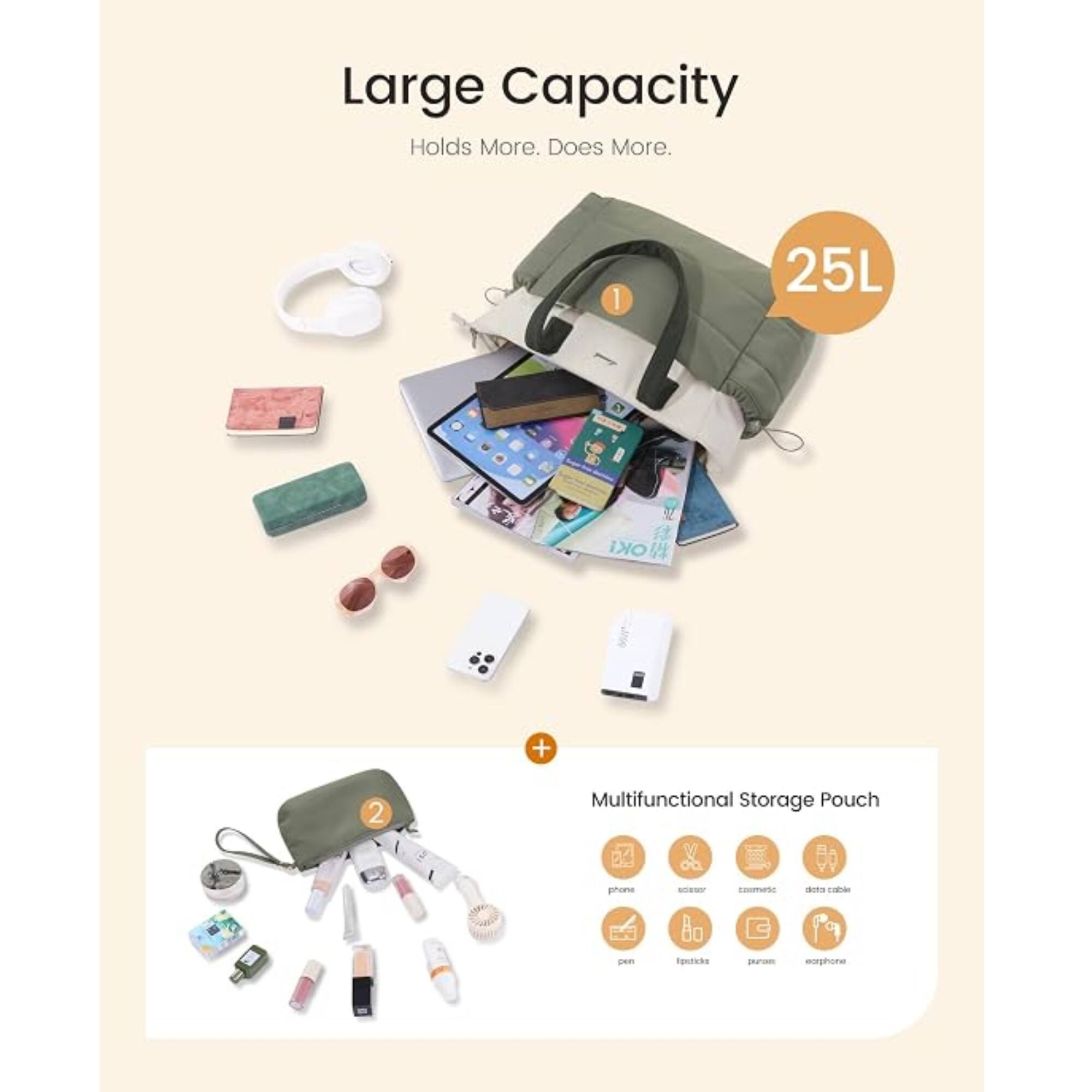 Large Capacity Holds More. Does More.
1
25L
2
Multifunctional Storage Pouch
phone
scissor
cosmetic
data cable
pen
earpicks
purse
earphone