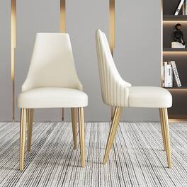 POVISON - Modern Luxury Upholstered Dining Chairs Set of 2, Leather Dinning Chairs, Dining Chairs with Gold Legs - Beige