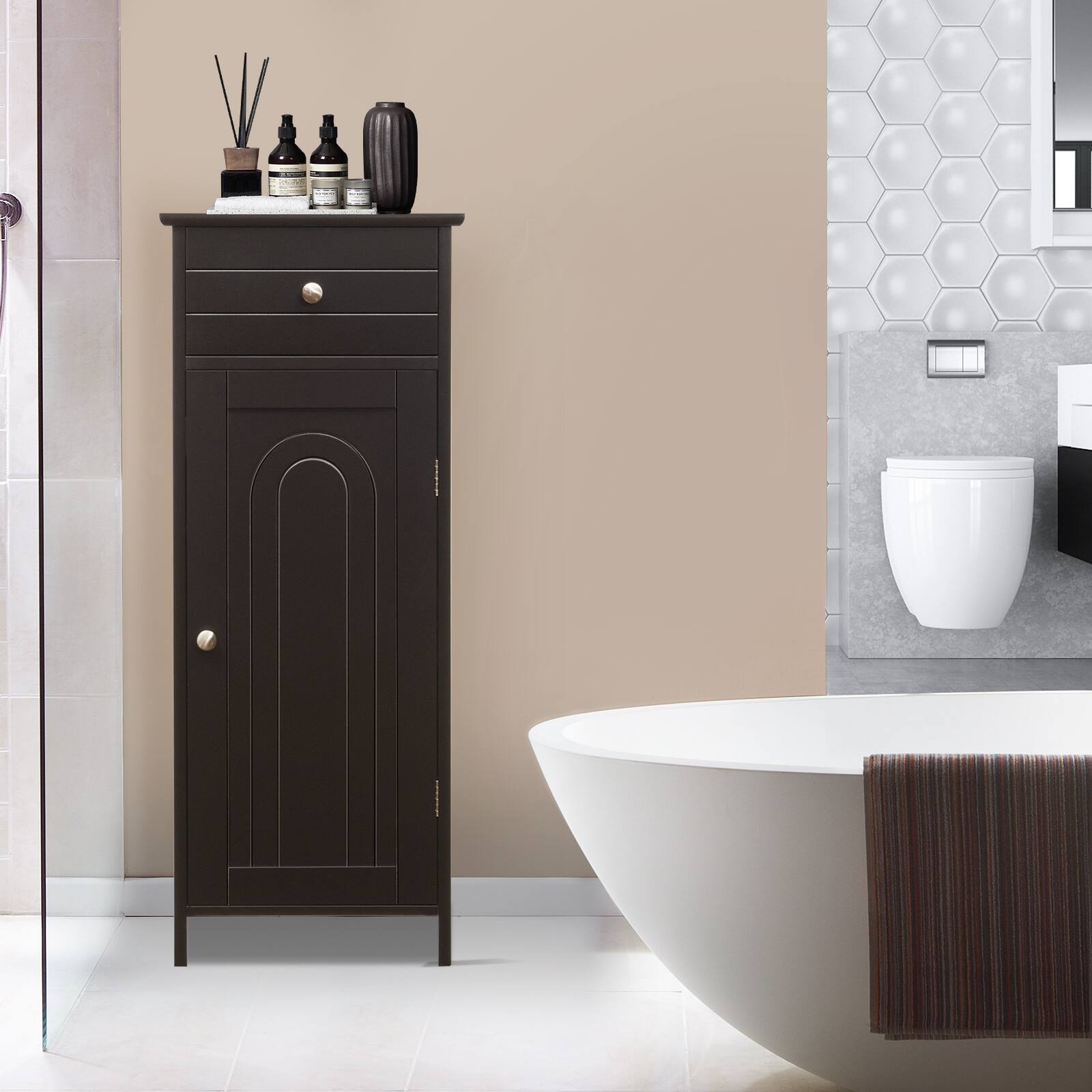 Alt View 10. Ecooso - Wooden Storage Free-Standing Floor Cabinet with Drawer and Shelf - Brown.