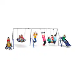 XDP Recreation - Fun All Mighty Swing Set w/See Saw, Super Disc, Swings, & Slide - Silver, Blue