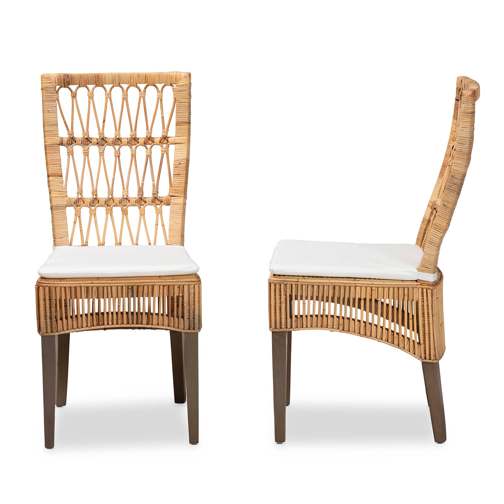 Left. bali & pari - Sullivan Modern Bohemian Rattan 2-Piece Dining Chair Set - White/Natural Brown.