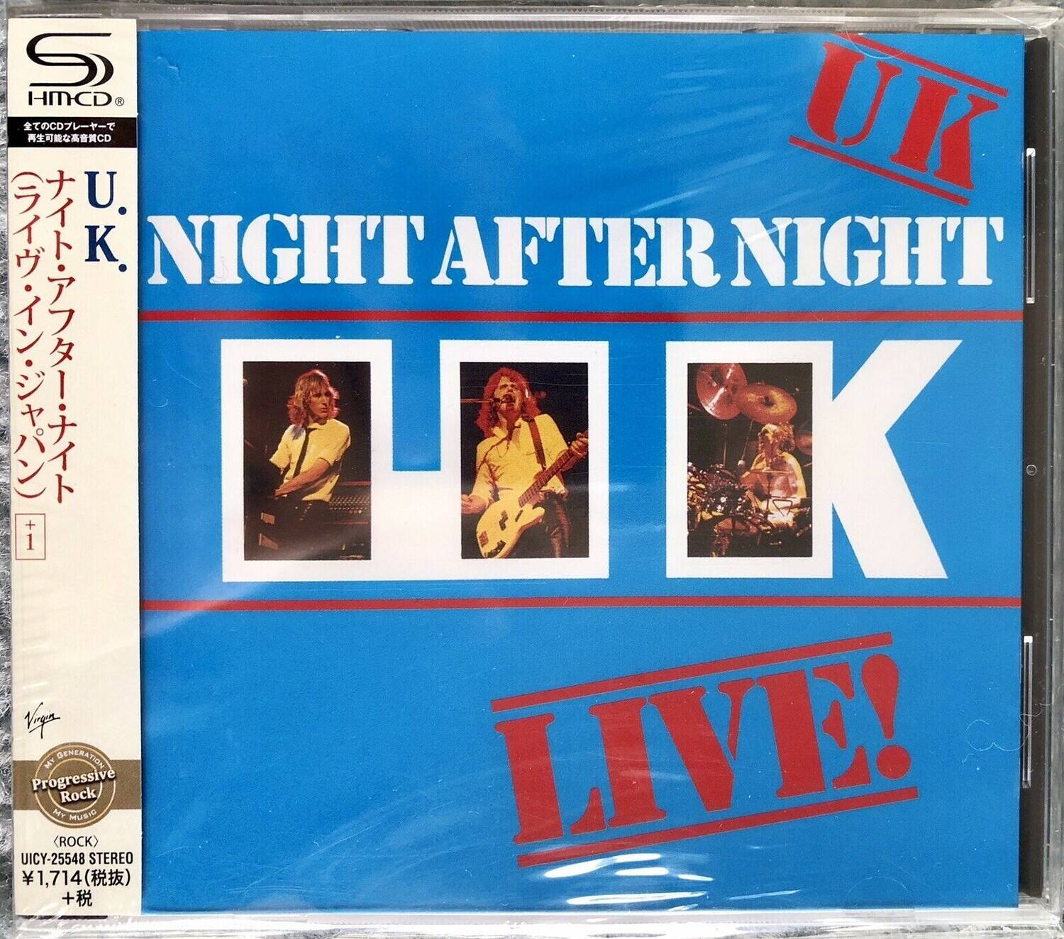 Sure, here is the corrected and grouped text from the image:

---

**UK NIGHT AFTER NIGHT**

**LIVE!**

**Progressive Rock**

**UICY-25548 STEREO**

**¥1,714 (税抜) +税**

**HMCD**

**再生可能な高音質CD**

**Viva Progressive Rock**

**U.K.**

**NIGHT AFTER NIGHT**

**LIVE!**

**1**

---

This text is organized as it appears on the cover of the CD.