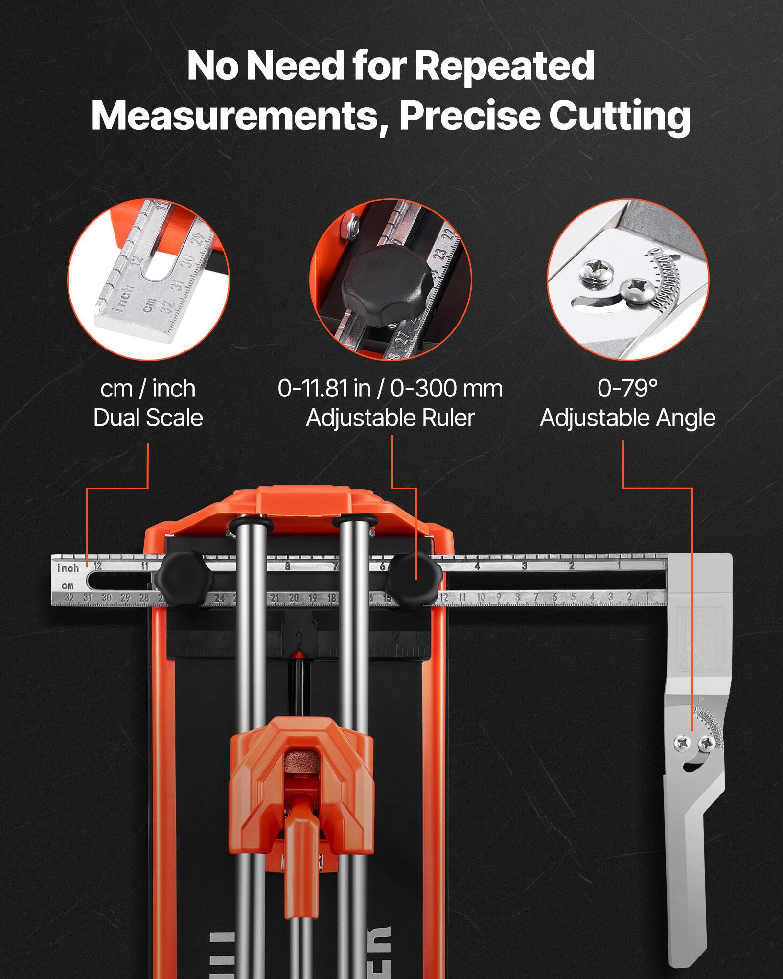 No Need for Repeated Measurements, Precise Cutting

- cm / inch Dual Scale
- 0-11.81 in / 0-300 mm Adjustable Ruler
- 0-79° Adjustable Angle