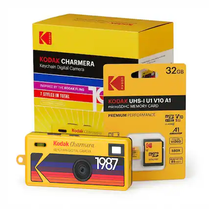 KODAK CHARMERA Keychain Digital Camera 32GB
INSPIRED BY THE KODAK FLING
7 STYLES IN TOTAL
KODAK UHS-I U1 V10 A1 microSDHC MEMORY CARD
PREMIUM PERFORMANCE
FULL HD VIDEO
READ UP TO 85 MB/S
Kodak Charmera KEYCHAIN DIGITAL CAMERA
2.580X - 32mc
adapter