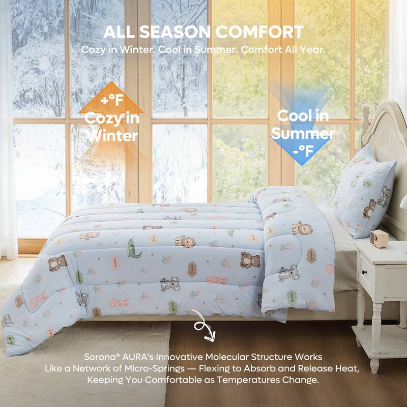 **ALL SEASON COMFORT**  
Cozy in Winter. Cool in Summer. Comfort All Year.

**+F Cozy in Winter**  
**-F Cool in Summer**

Sorona® AURA's Innovative Molecular Structure Works Like a Network of Micro-Springs — Flexing to Absorb and Release Heat, Keeping You Comfortable as Temperatures Change.