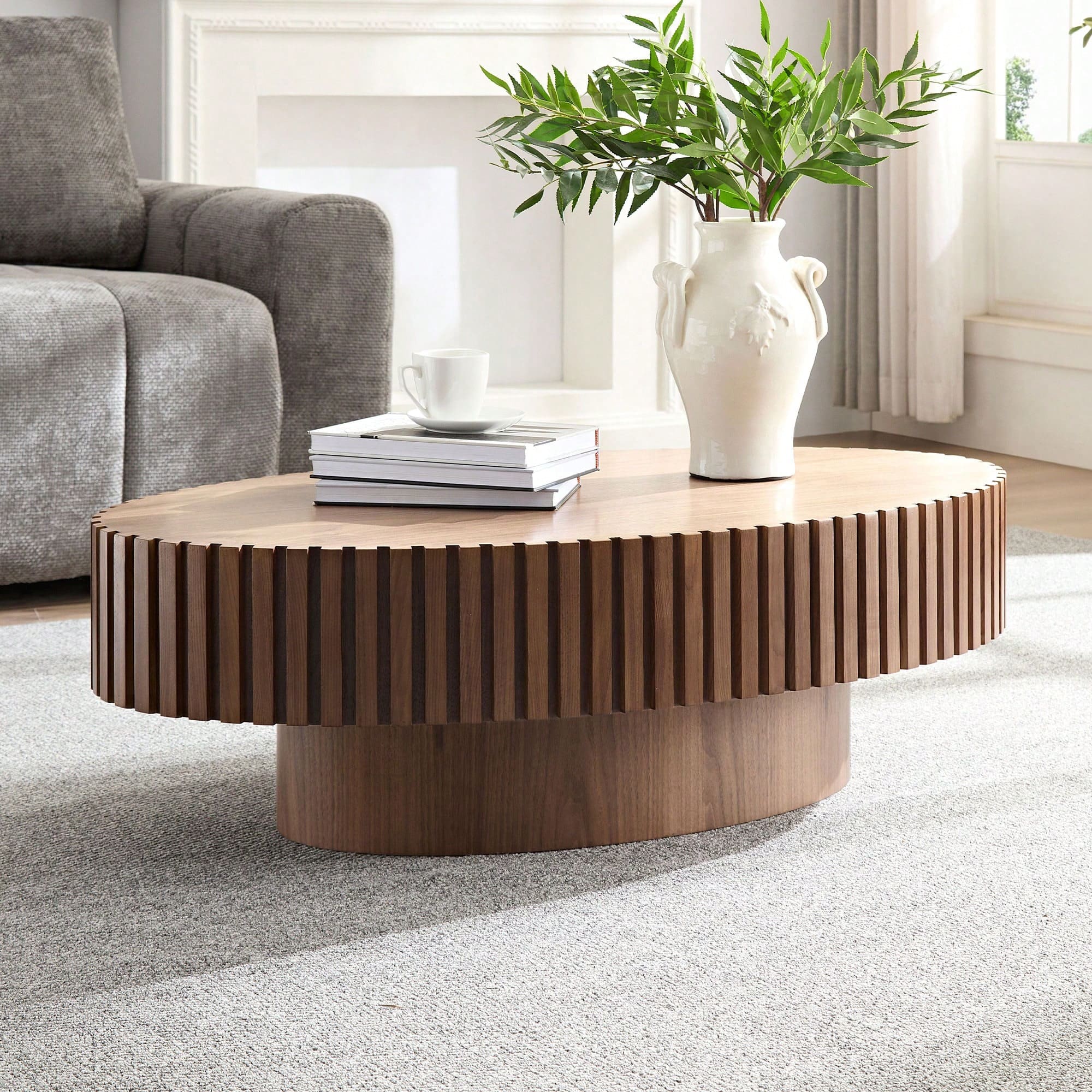 Trinkets Crazed - Handcrafted Oval Coffee Table, Mid Century Modern Irregular Large 44 Inch Wood Drum Design - Walnut