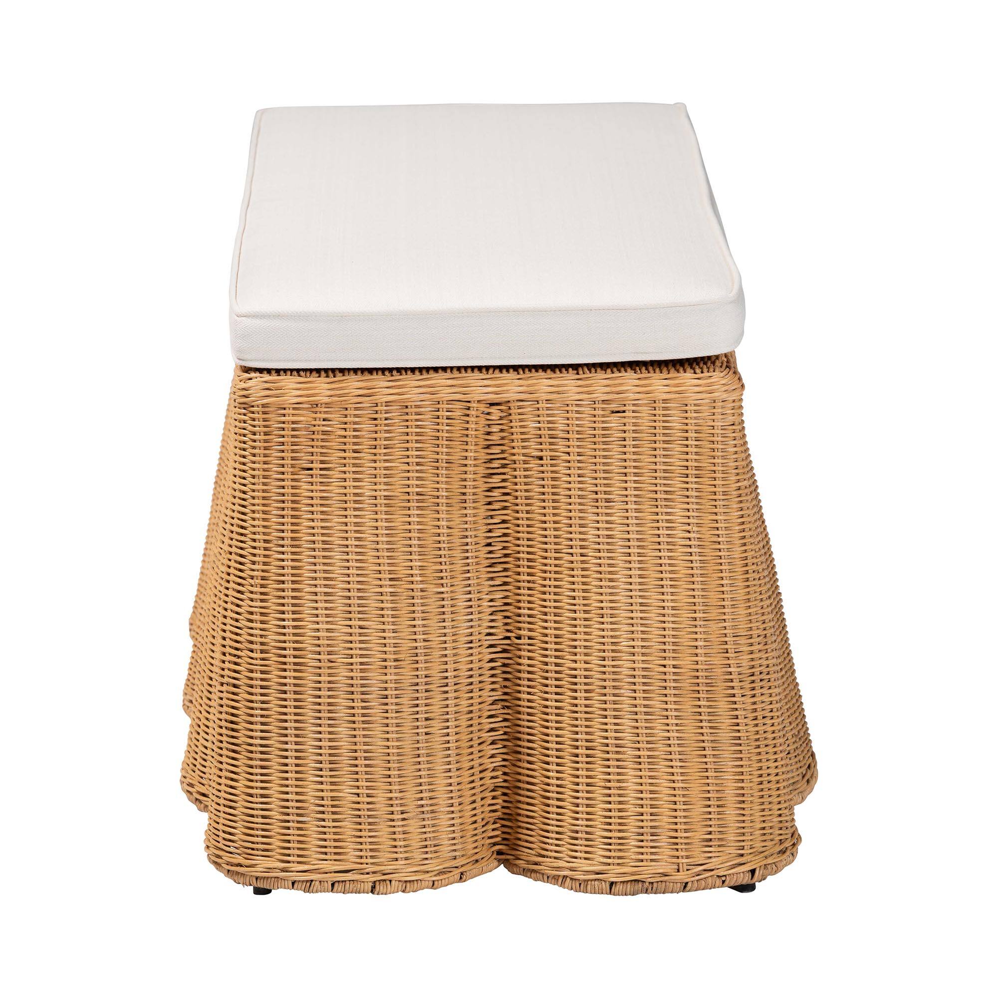 Left. bali & pari - Palm Scallop Natural Rattan Ottoman with Cushion – Handwoven Wicker Accent Bench - Light Honey.