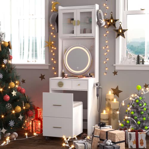 Winado - Small Space Makeup Vanity Set LED Lighted Mirror Power Outlet & DIY Pegboard, Hidden Storage Under the Seat - White