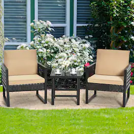 Gymax - 3PCS Rattan Outdoor Bistro Set Patio Conversation Furniture Set w/ Cushions - as pic