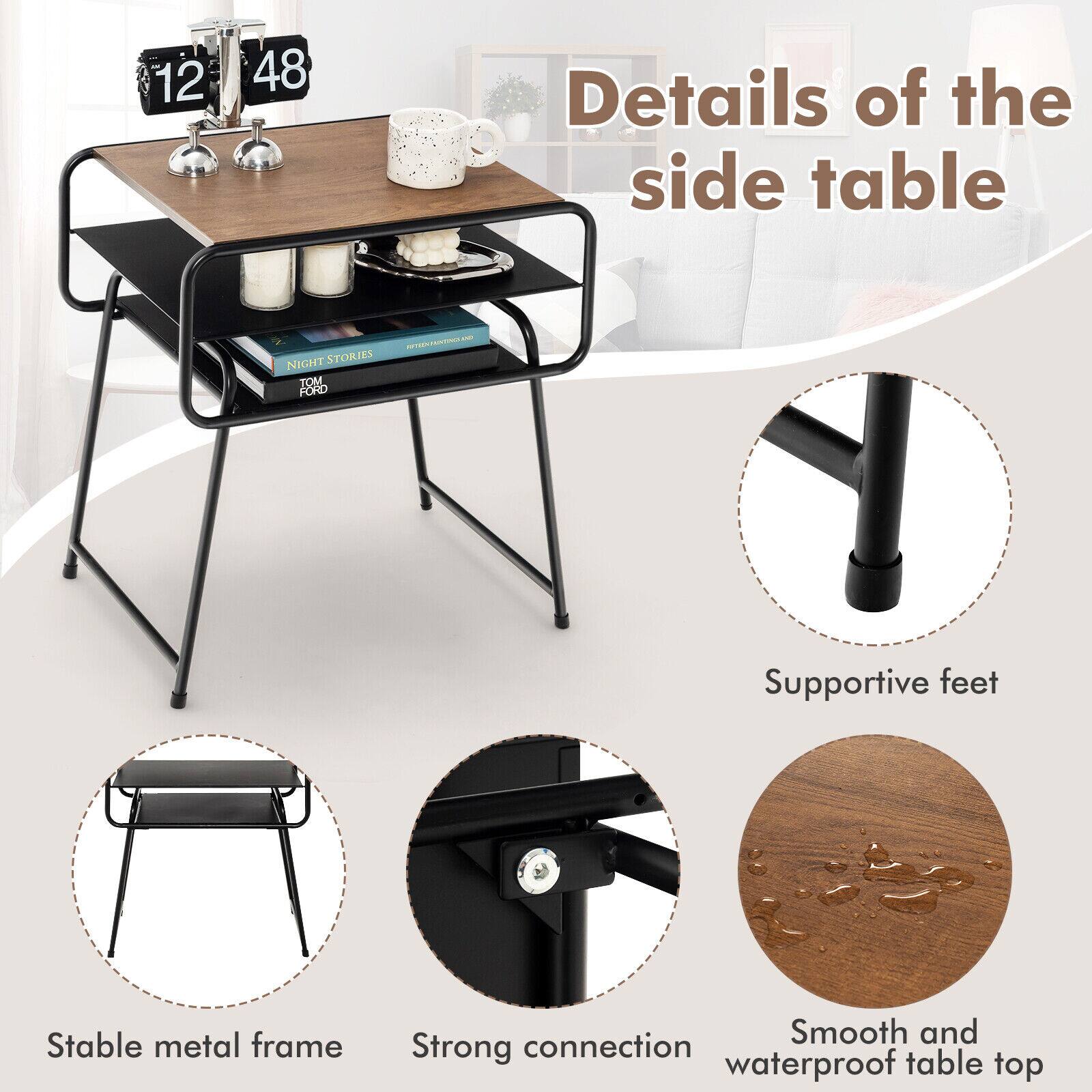 Details of the side table, Supportive feet, Stable metal frame, Strong connection, Smooth and waterproof table top