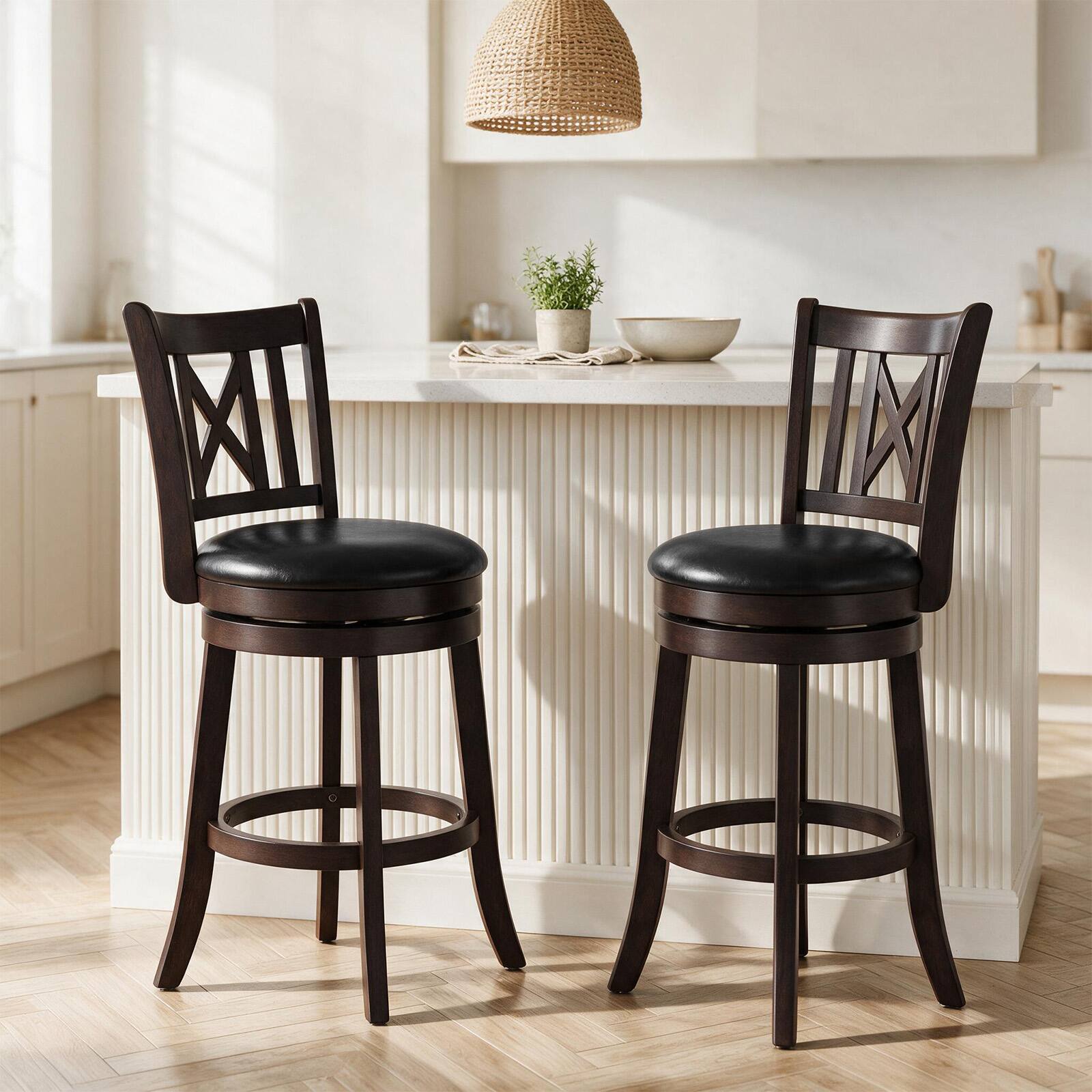 Alt View 5. Costway - Costway Set of 4 Bar Stools 26" Swivel Bar Chairs with Footrest, Hollowed Backrest - Brown 26".