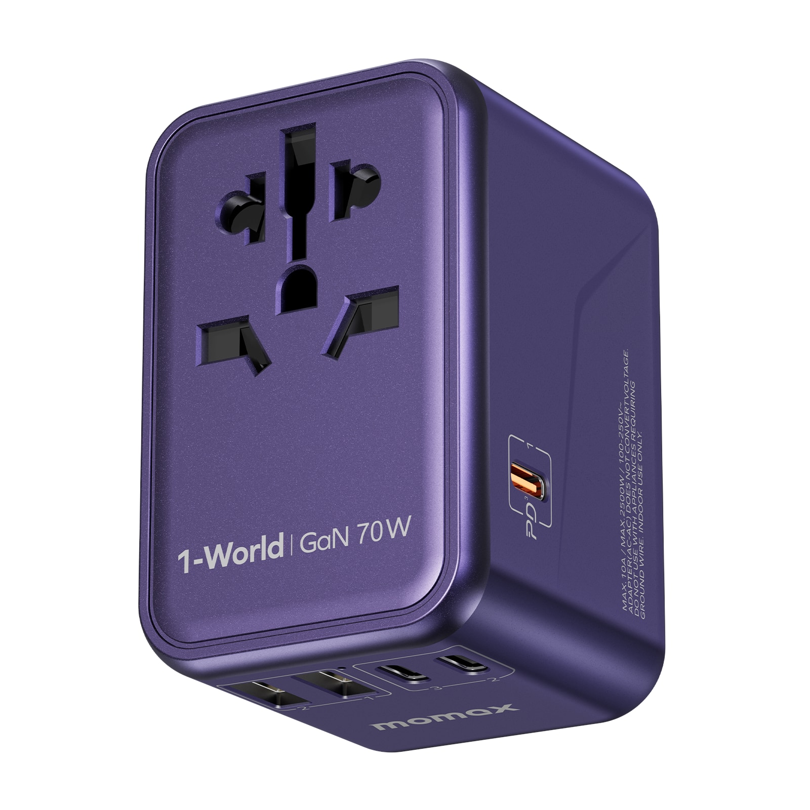 Momax - Universal Travel Adapter 70W GaN, 3 USB-C& 2 USB-A International Power Adapter 6-in-1 for UK/US/AUS/JP - Purple