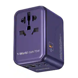 Momax - Universal Travel Adapter 70W GaN, 3 USB-C& 2 USB-A International Power Adapter 6-in-1 for UK/US/AUS/JP - Purple