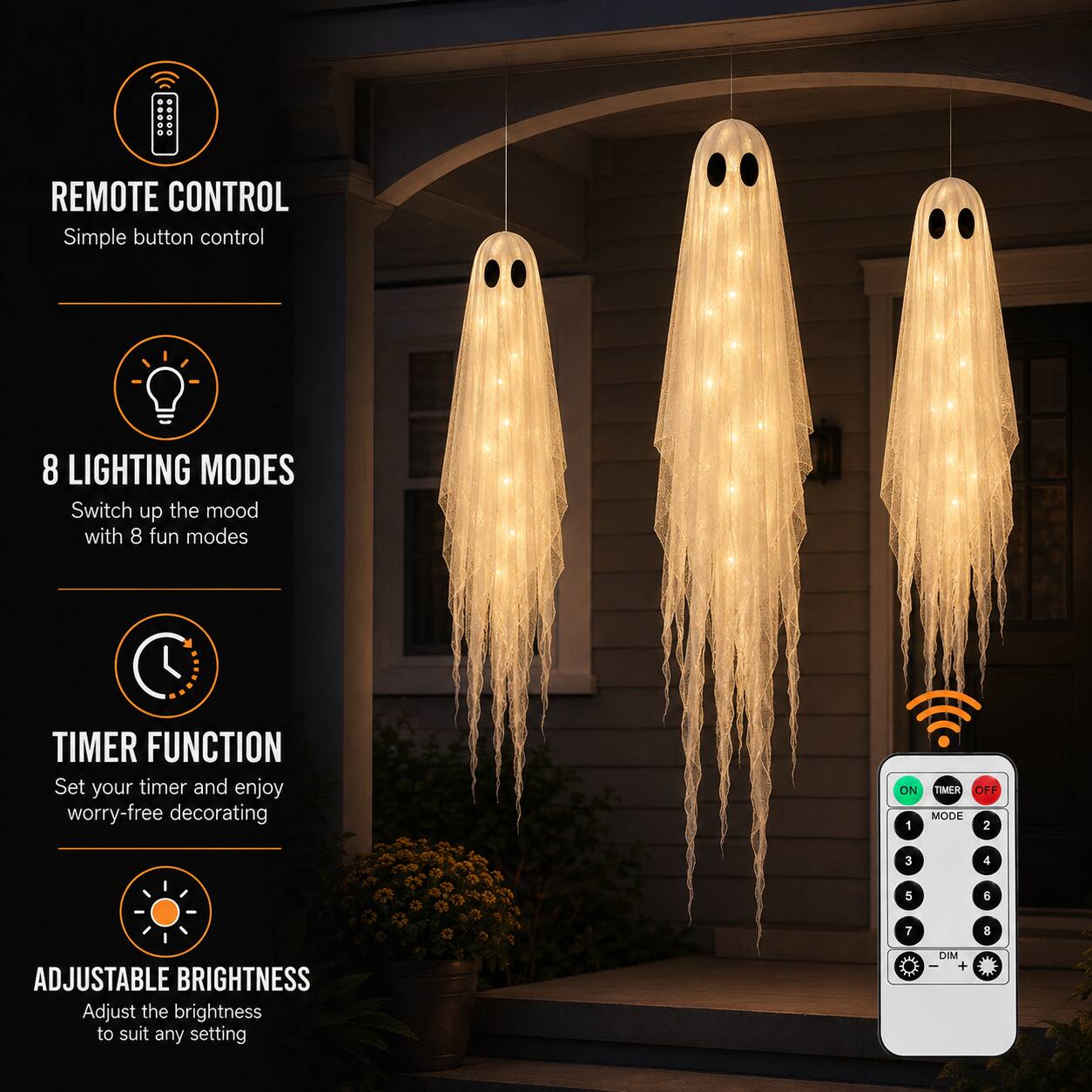 REMOTE CONTROL  
Simple button control

8 LIGHTING MODES  
Switch up the mood with 8 fun modes

TIMER FUNCTION  
Set your timer and enjoy worry-free decorating

ADJUSTABLE BRIGHTNESS  
Adjust the brightness to suit any setting