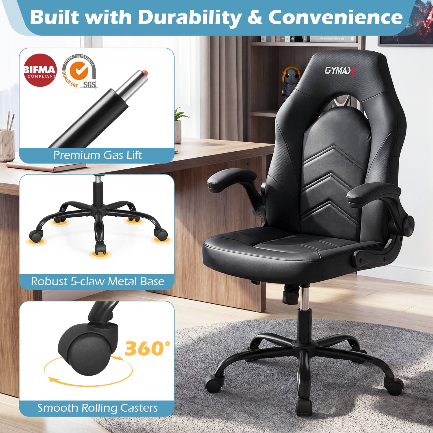 Built with Durability & Convenience

- Premium Gas Lift
- Robust 5-claw Metal Base
- 360° Smooth Rolling Casters

Certifications:
- BIFMA Compliant
- QUALICERT
- SGS
