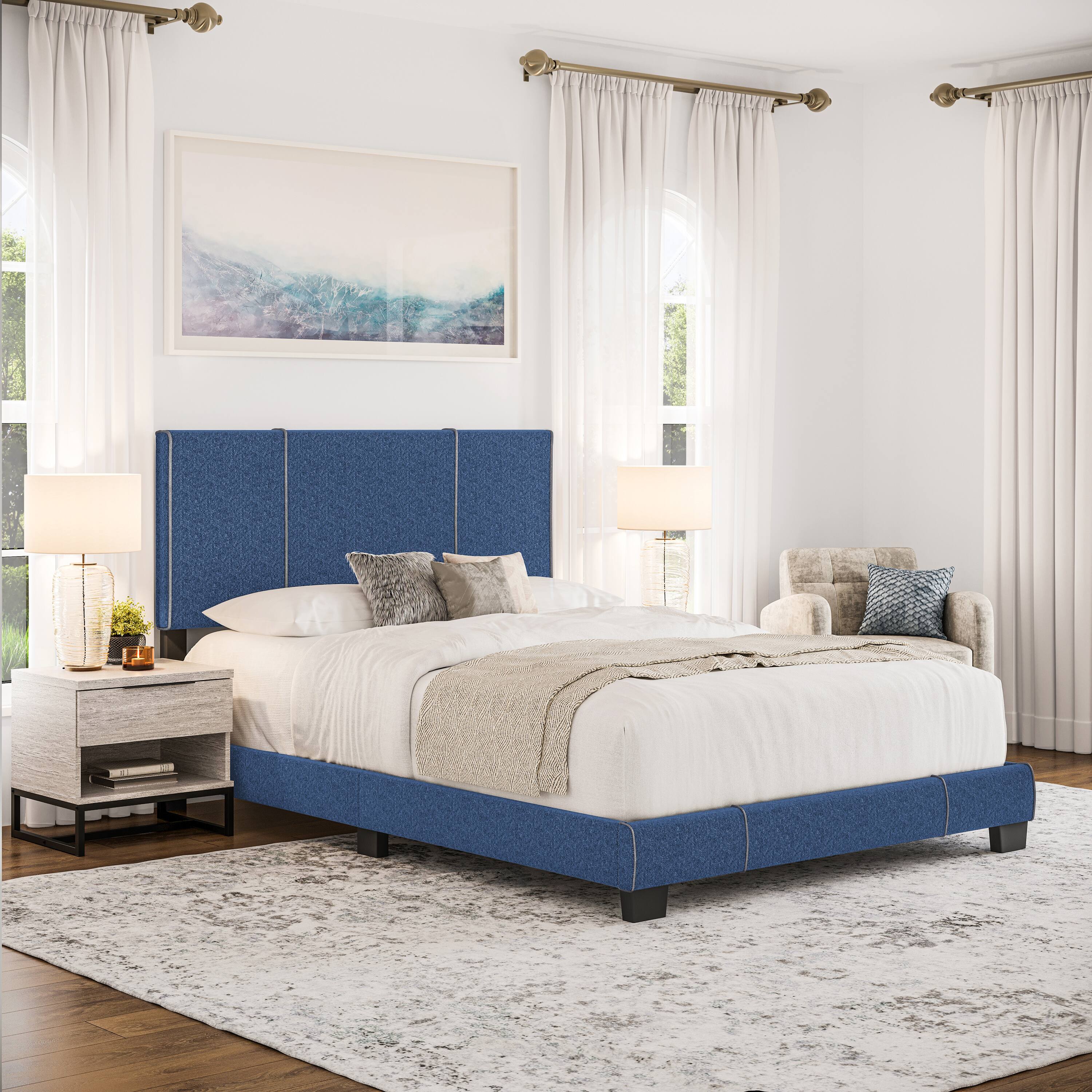 Alt View 4. Boyd Sleep - Lucena Upholstered Bed Frame, 4 Slat Wood Support System, Box Spring Required, Queen - Blue.