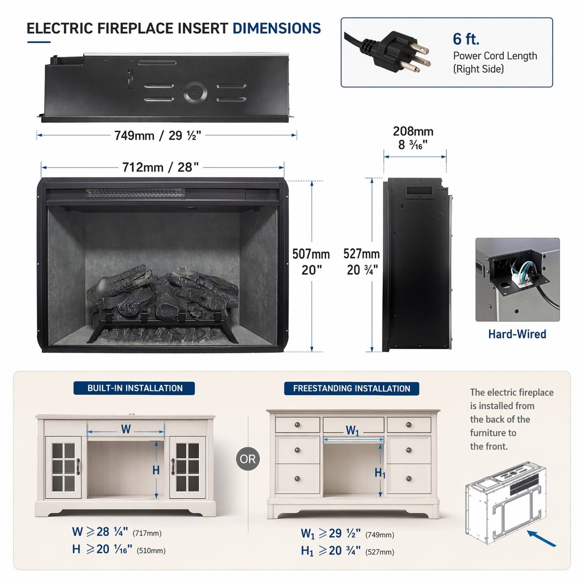 RYHNUYNE 28 Inch Infrared Electric Fireplace Insert with Touch Panel ...