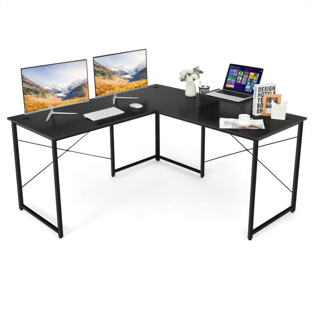 Kadyn - 95 Inch 2-Person L-Shaped Long Reversible Computer Desk with Monitor Stand- Home Office Desks, Computer Desks - Black