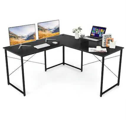 Front. Kadyn - 95 Inch 2-Person L-Shaped Long Reversible Computer Desk with Monitor Stand-Black, Home Office Desks, Computer Desks - Black.