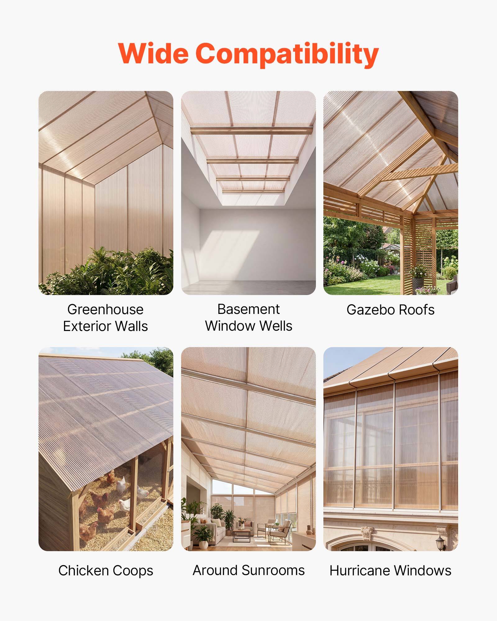 Wide Compatibility

- Greenhouse Exterior Walls
- Basement Window Wells
- Gazebo Roofs
- Chicken Coops
- Around Sunrooms
- Hurricane Windows