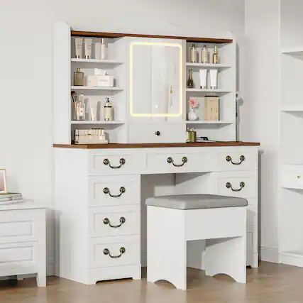 Front. Acekool - Makeup Vanity Desk with Mirror and Lights, Vanity Table with Chair, Vanity Desk with 10 Drawers and 10 Storage Shelves - White.