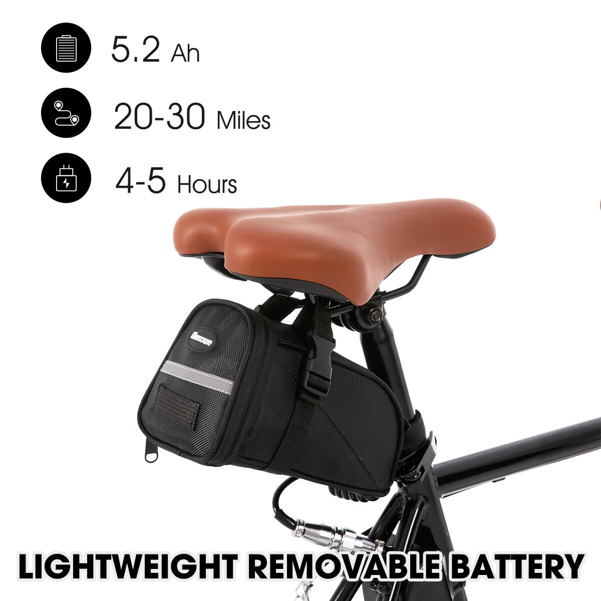 5.2 Ah  
20-30 Miles  
4-5 Hours  
LIGHTWEIGHT REMOVABLE BATTERY