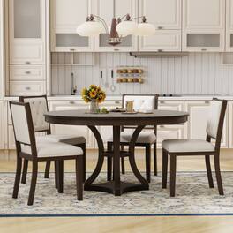 LUCKY ONE - 5-Piece Vintage Dining Set with 58" Extendable Round Dining Table and 4 Upholstered Chairs - Espresso