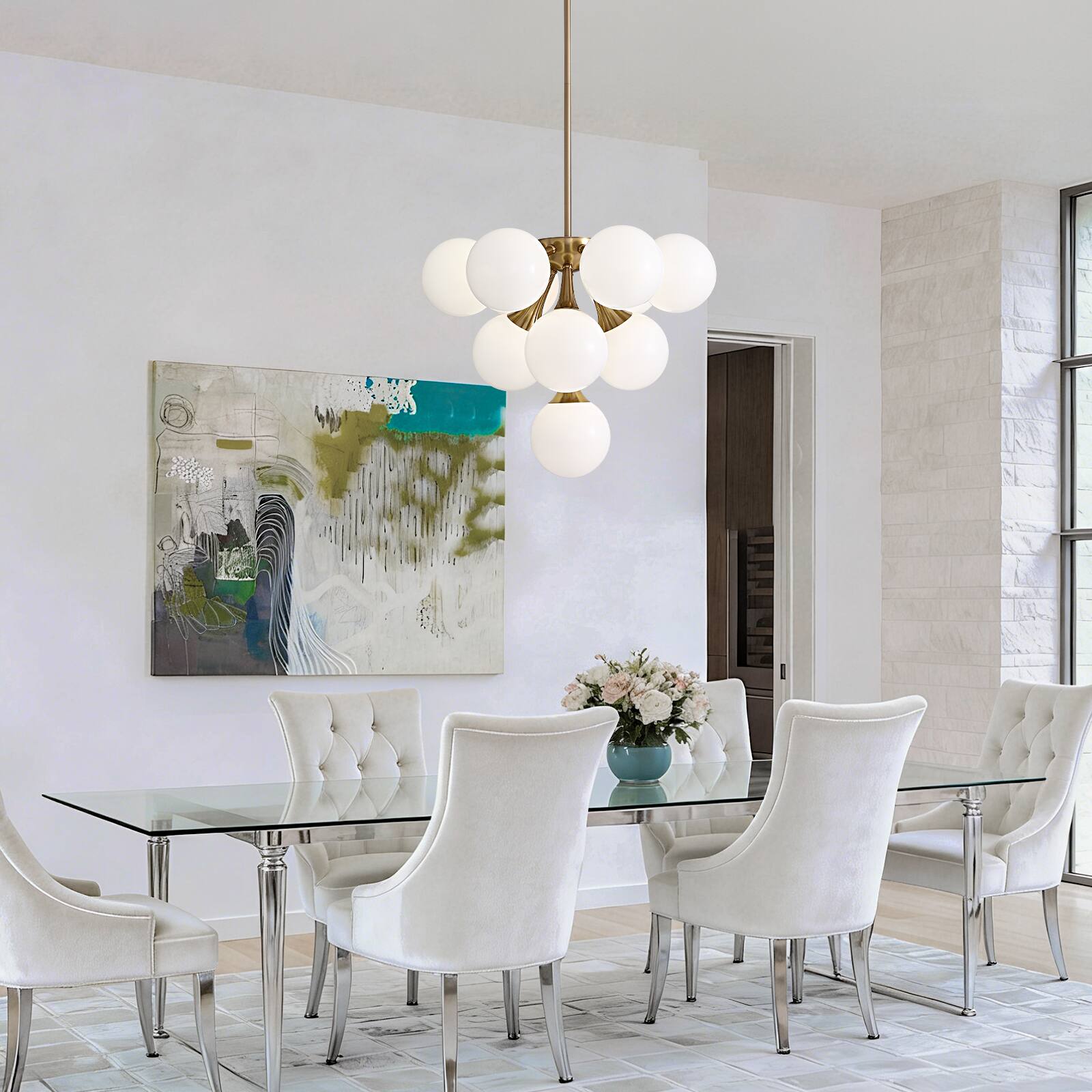 Left. Siljoy - 21.3" Gold 10-Light Sputnik Chandelier, White Glass Shades Adjustable for Dining Kitchen Living Foyer - Gold Brass.