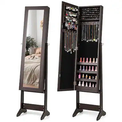 Front. Costway - Jewelry Mirrored Cabinet Armoire Organizer Storage Box with Stand Christmas Gift Coffee - Coffee.