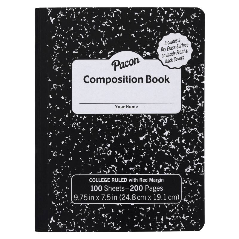 Includes a Dry Erase Surface on Inside Front & Back Covers. Pacon Composition Book Your Name COLLEGE RULED with Red Margin 100 Sheets-200 Pages 9.75 in X 7.5 in (24.8 cm X 19.1 cm)