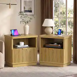 Bestier - Nightstand Set of 2 with Charging Station 2 Pack Fluted Bedside Table with Drawer and Open Shelf for Bedroom - Natual Oak