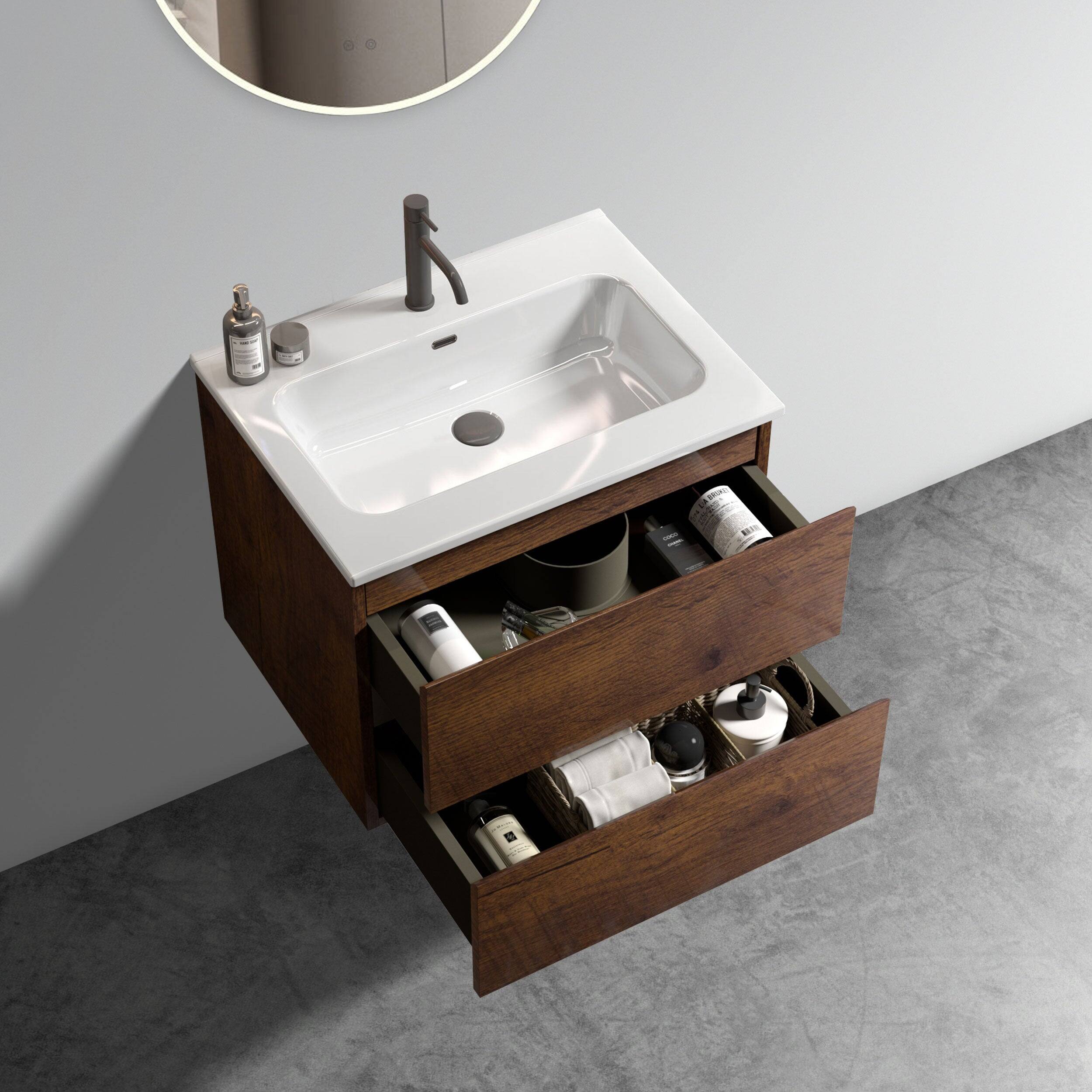 Alt View 2. Boyel Living - 24 Inch Walnut Bathroom Vanity with Ceramic Sink, Large Storage, Floating Design, One-Piece Basin, Pre-Assembled - Walnut.