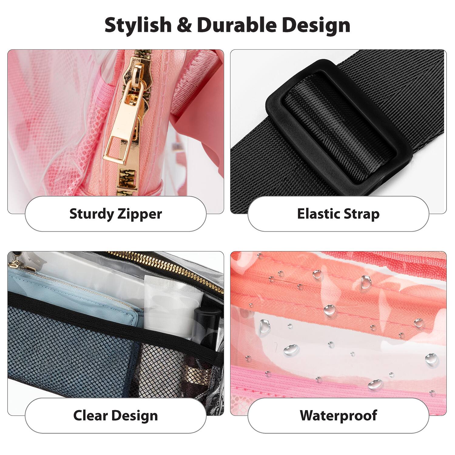 Stylish & Durable Design

- Sturdy Zipper
- Elastic Strap
- Clear Design
- Waterproof
